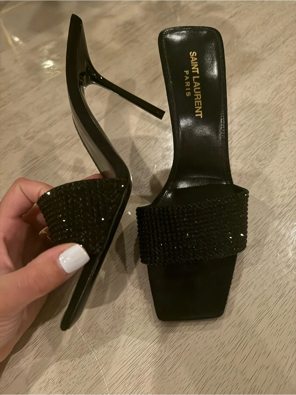 Saint Laurent Black Glitter Crystal-Embellished Slide Heels size 37.5 - Picture 2 of 8